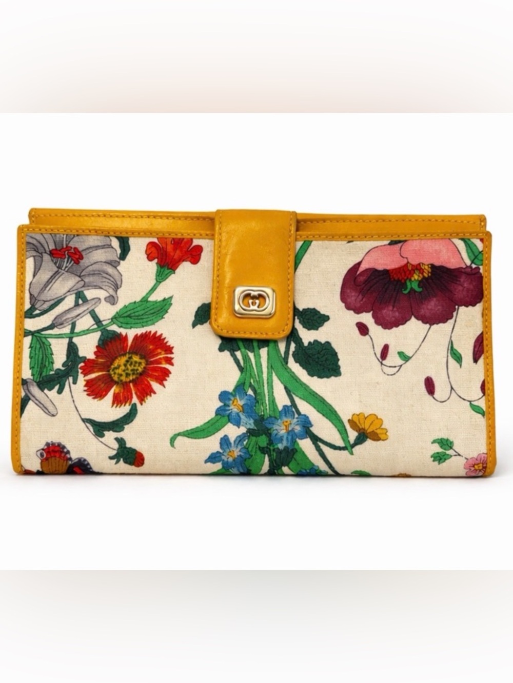 Gucci • Canvas Flora Continental Wallet with Goldenrod Leather GG Logo Snap Tab